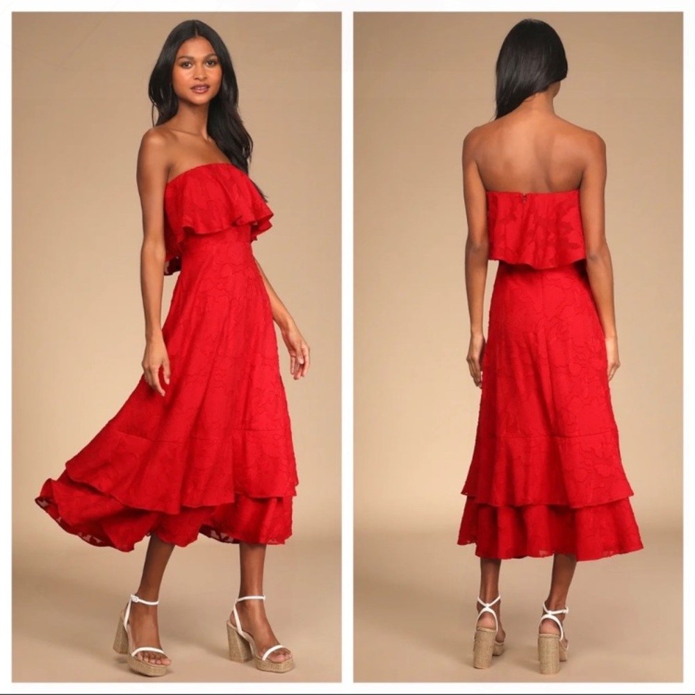 NWOT  Lulus Love You So Truly Red Burnout Floral Strapless Midi Dress